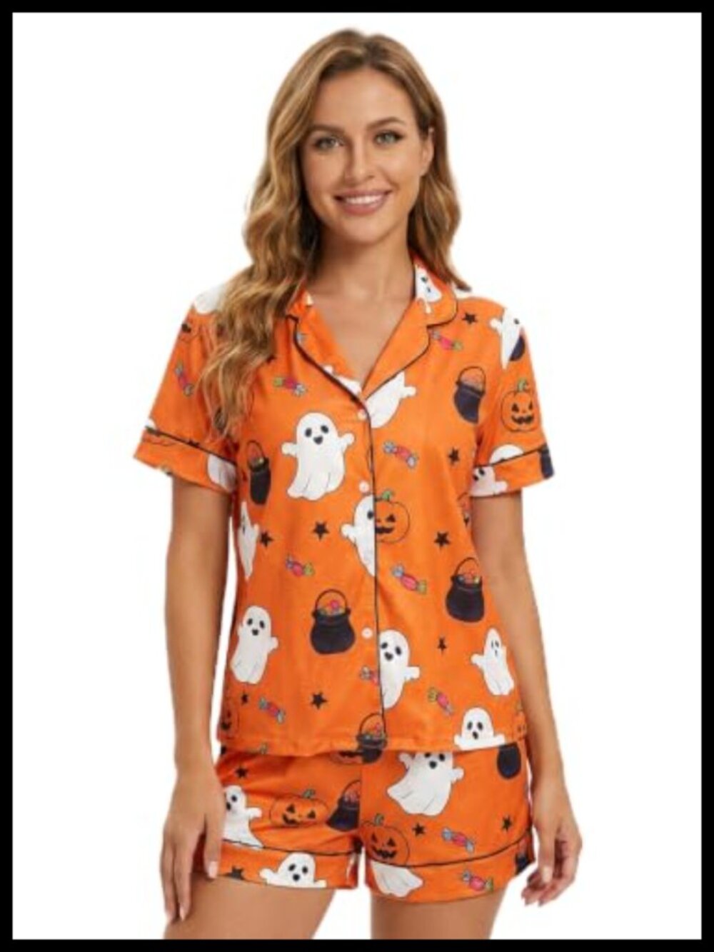 Women's Halloween Pajama Set Pumpkin Ghost Cat Button Down Shirt Shorts